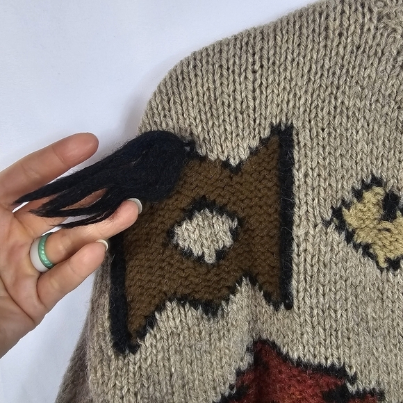 Vtg Jayson Younger Womens Wool Aztec Cardigan Sz L Tan Apron Pockets Art to Wear - Picture 6 of 10